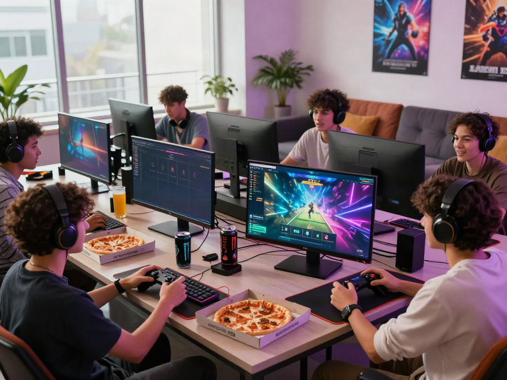 A80 homepage gaming friends enjoying a lively session in a colorful lounge.