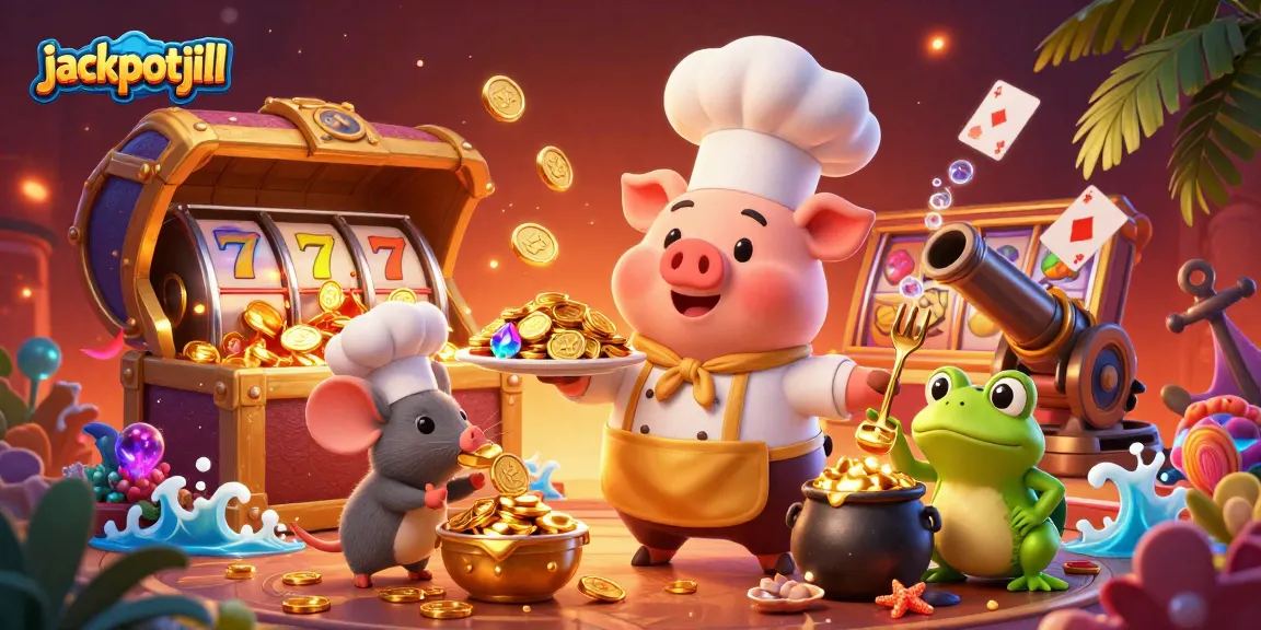 Engage with jackpotjill's vibrant 3D casino scene featuring culinary characters celebrating winning coins and gaming treasures.