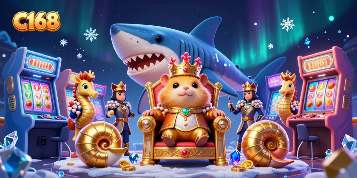 Experience the excitement of C168 with vibrant slots and a royal hamster king in this dynamic casino scene.