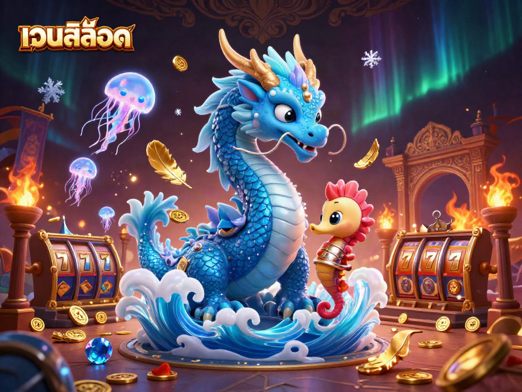 Spin เว็บสล็อต reels with a dazzling azure dragon, seahorse knight, and glowing jellyfish.