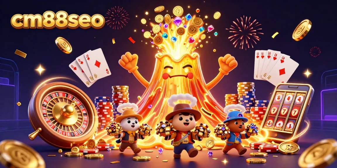 Join the excitement at cm88seo with a 3D volcano erupting coins and treasures in a vibrant casino scene.
