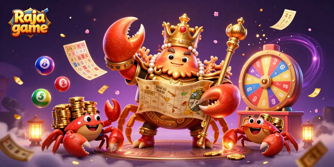 Engage in the vibrant world of the Raja game with a golden crab emperor amidst dynamic lottery elements.