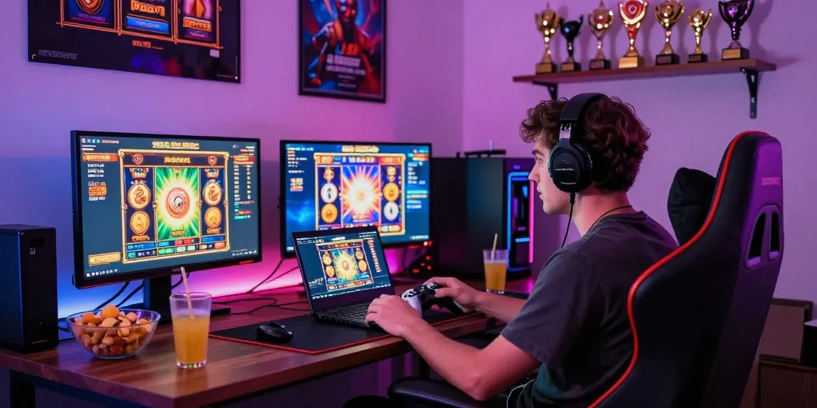Dynamic gaming atmosphere with Slot Pragmatic games played on multiple screens at a vibrant home setup.