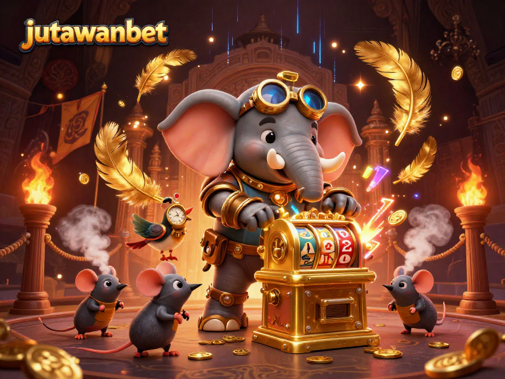 Engage with the exciting slot experience at jutawanbet featuring a steampunk elephant and vibrant elements.