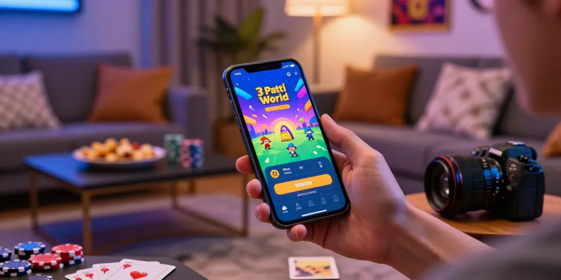 Login interface of 3 Patti World displayed on a smartphone, surrounded by gaming chips and cards in a cozy living room.
