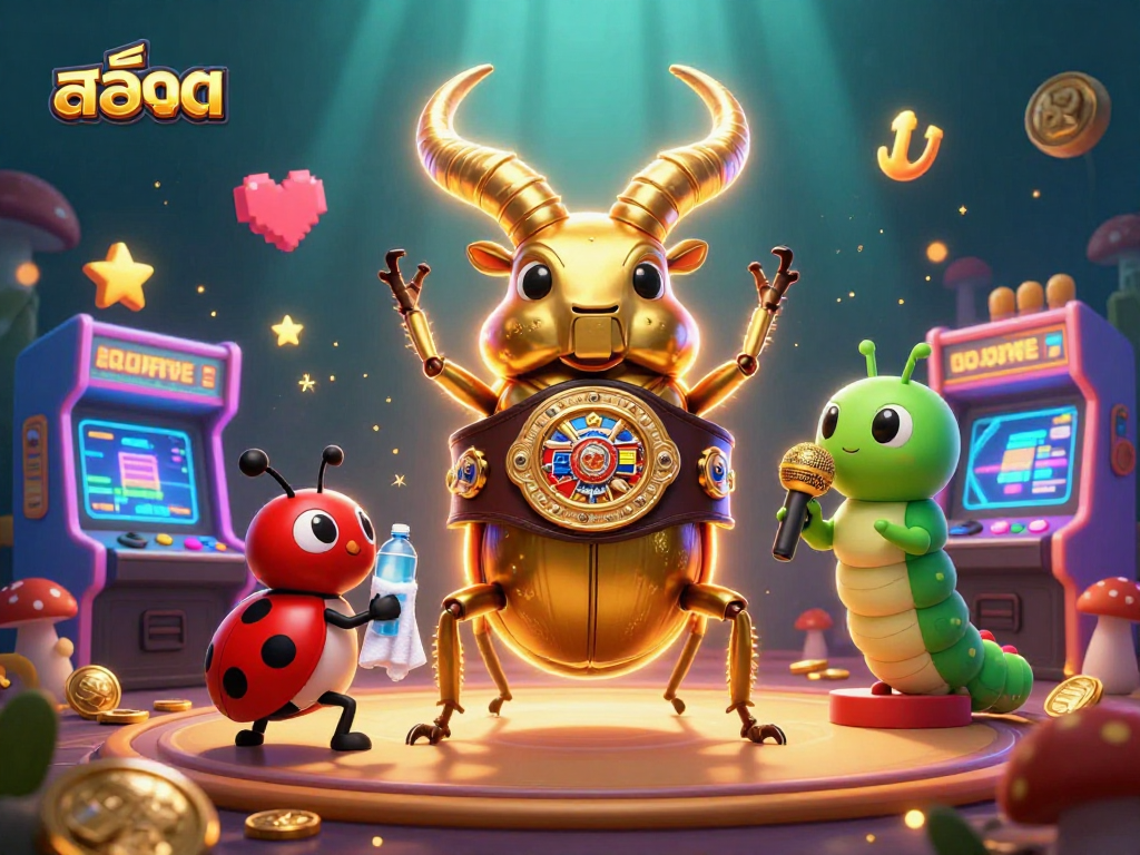 Experience exhilarating สล็อต action with a giant golden stag beetle and whimsical characters in a vibrant casino scene.
