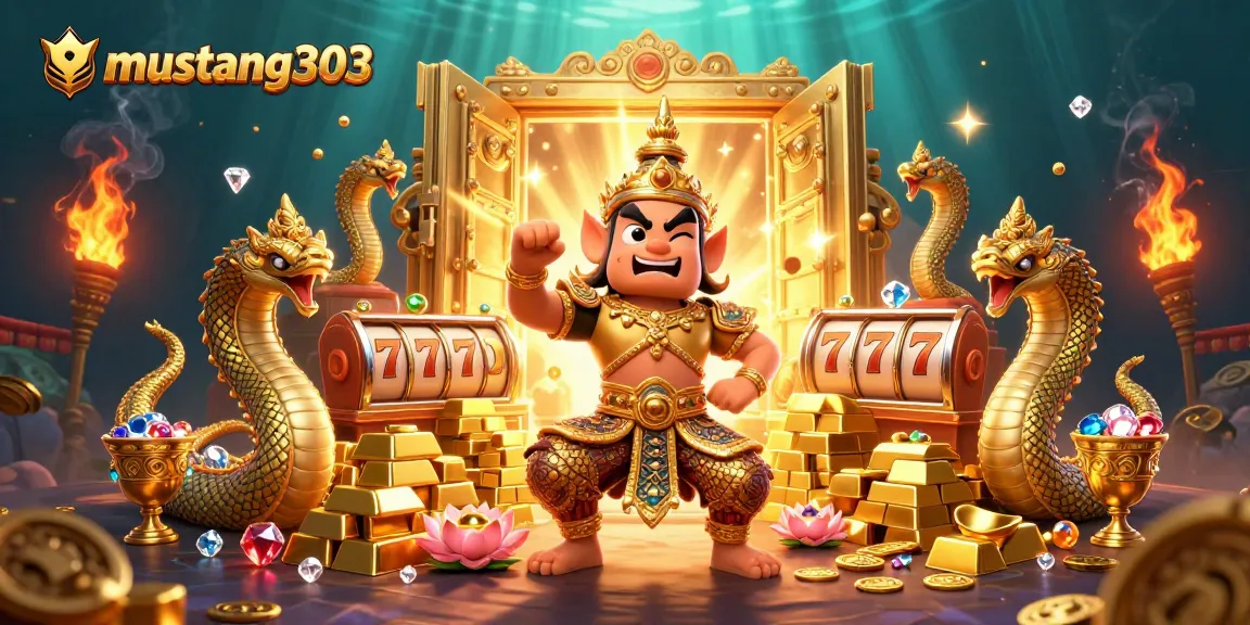Play thrilling slot games with mustang303 while enjoying a vibrant casino scene filled with treasures.