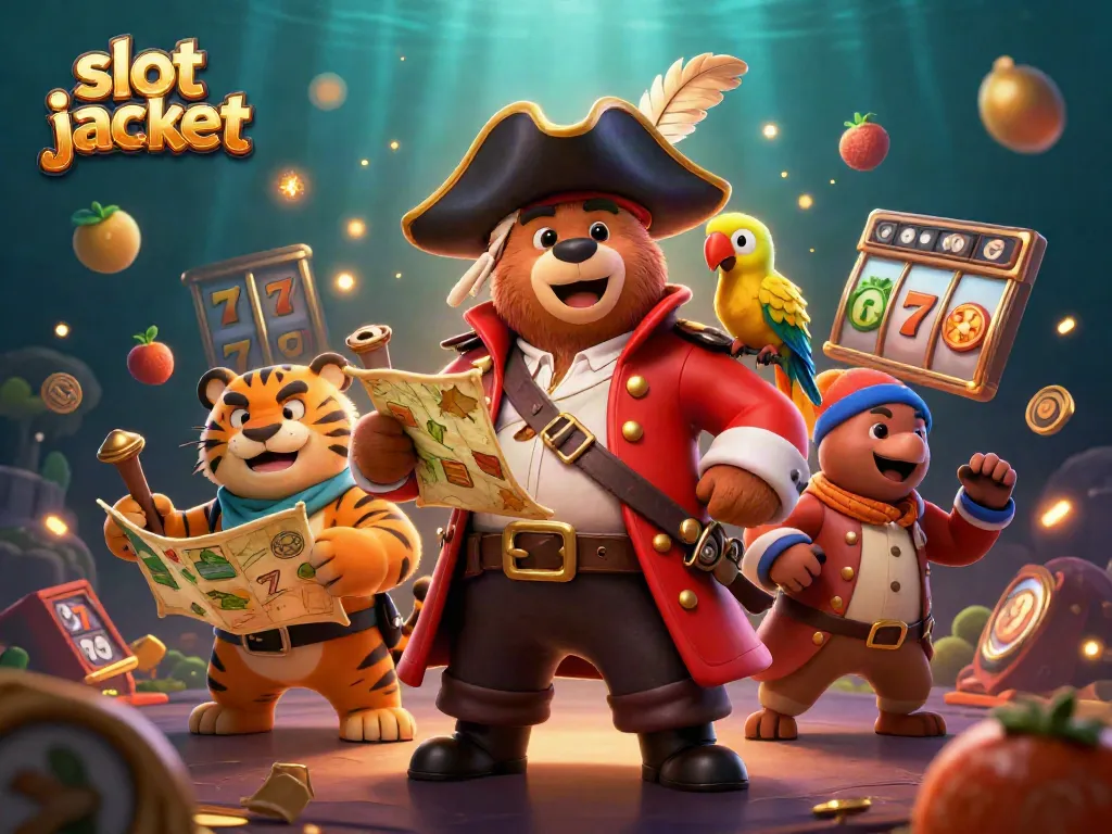 Spin the slot jackpot with a colorful scene of a pirate bear and friends surrounded by vibrant symbols and coins.