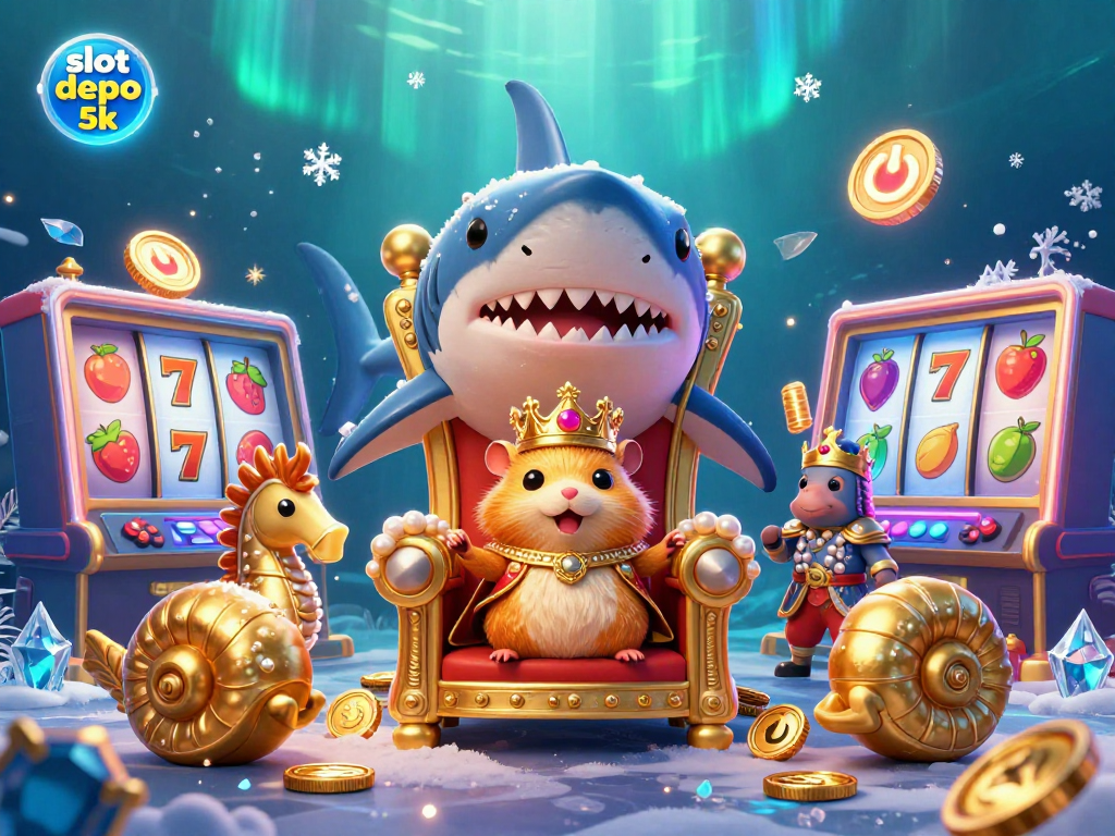 Experience thrilling gameplay with slot depo 5k amidst vibrant cartoon characters and sparkling casino elements.