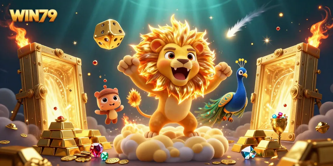 WIN79 players enjoying a lively casino atmosphere with vibrant characters and gold treasures