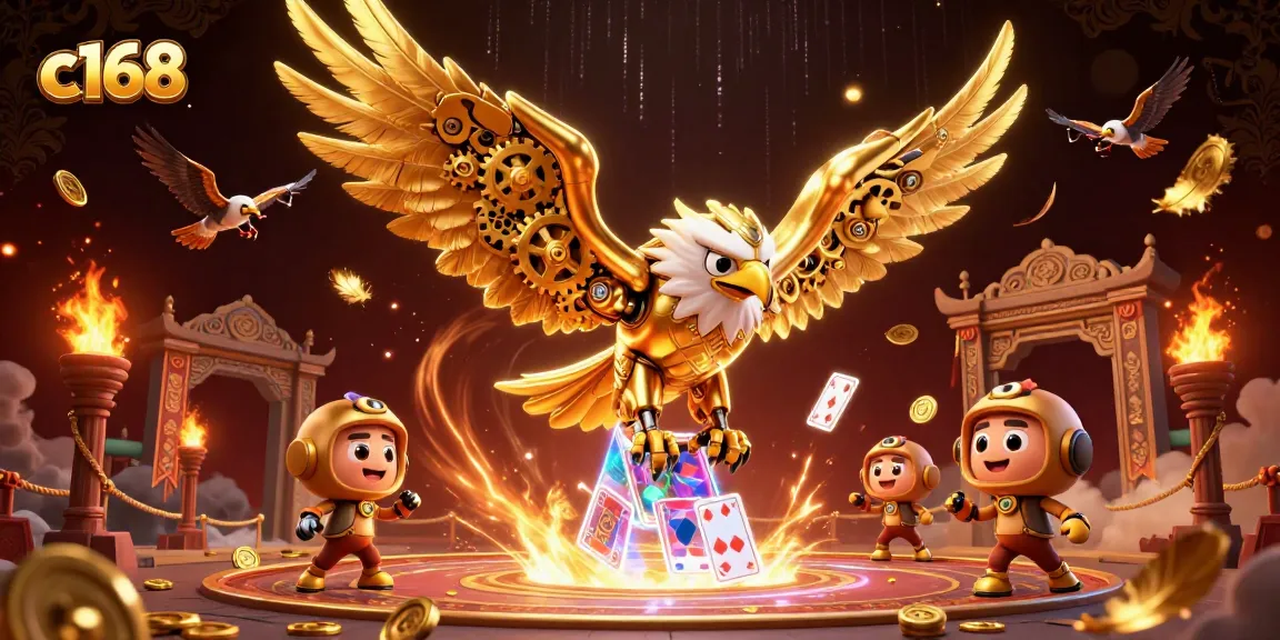 Experience thrilling wins at C168 with a cybernetic eagle soaring through a dynamic casino scene.