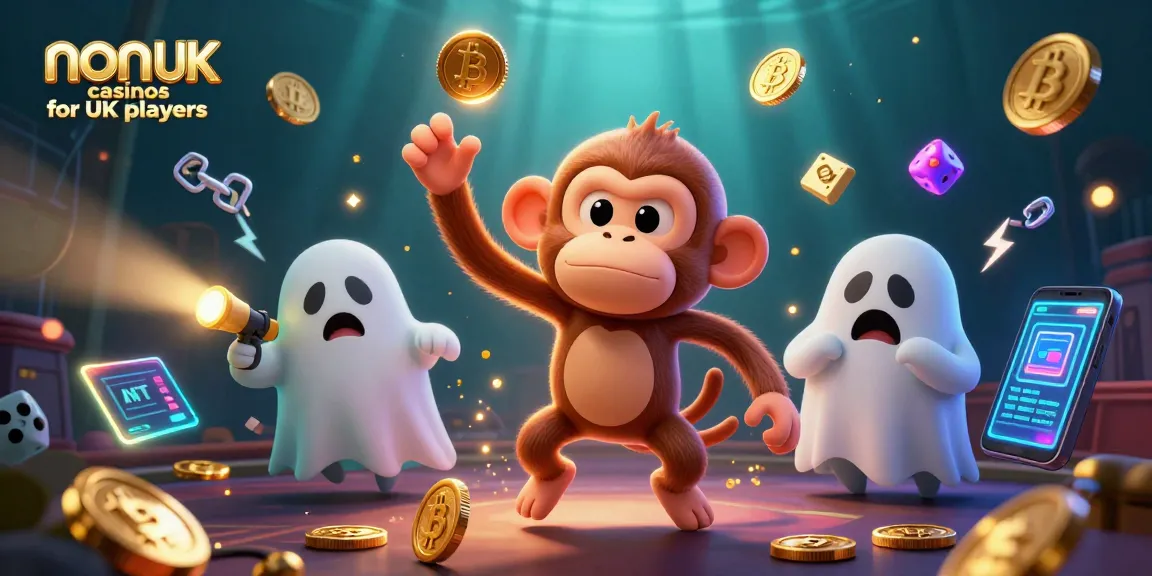 Engage with non UK casinos for UK players featuring vibrant 3D illustration of a mischievous monkey juggling coins.