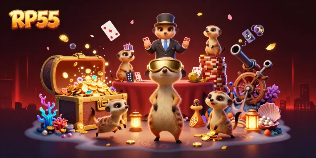 RP55 memberikan pengalaman bermain casino yang meriah dengan karakter meerkat yang dinamis dan elemen bermain yang berwarna-warni.