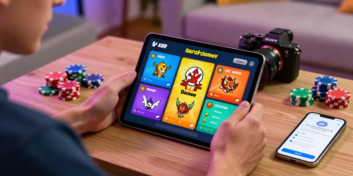 Engaging player using Card Rummy APK app link on tablet in a vibrant living room focused on exciting gaming experience.