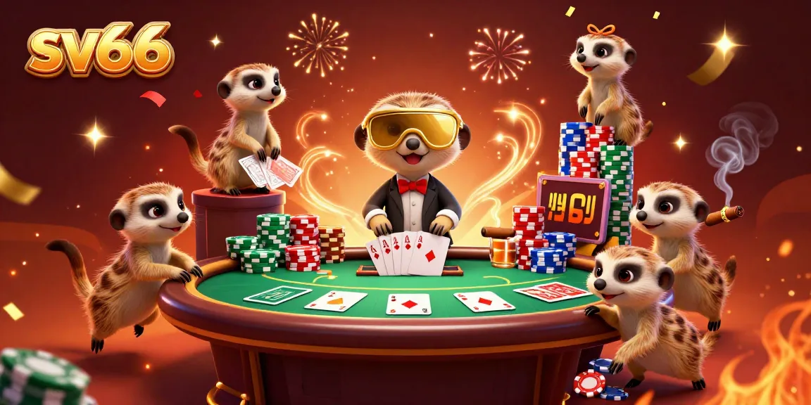 Meerkats managing a vibrant casino operation, showcasing sv66 branding with poker elements and celebratory effects.