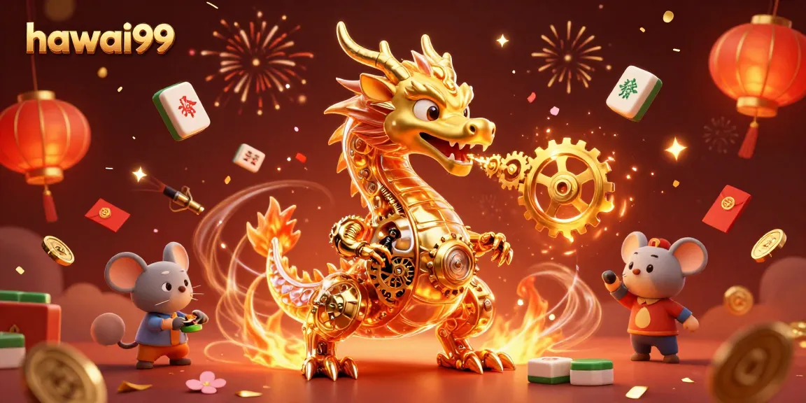 Experience thrilling moments at hawai99 with a golden dragon and game elements in the casino.