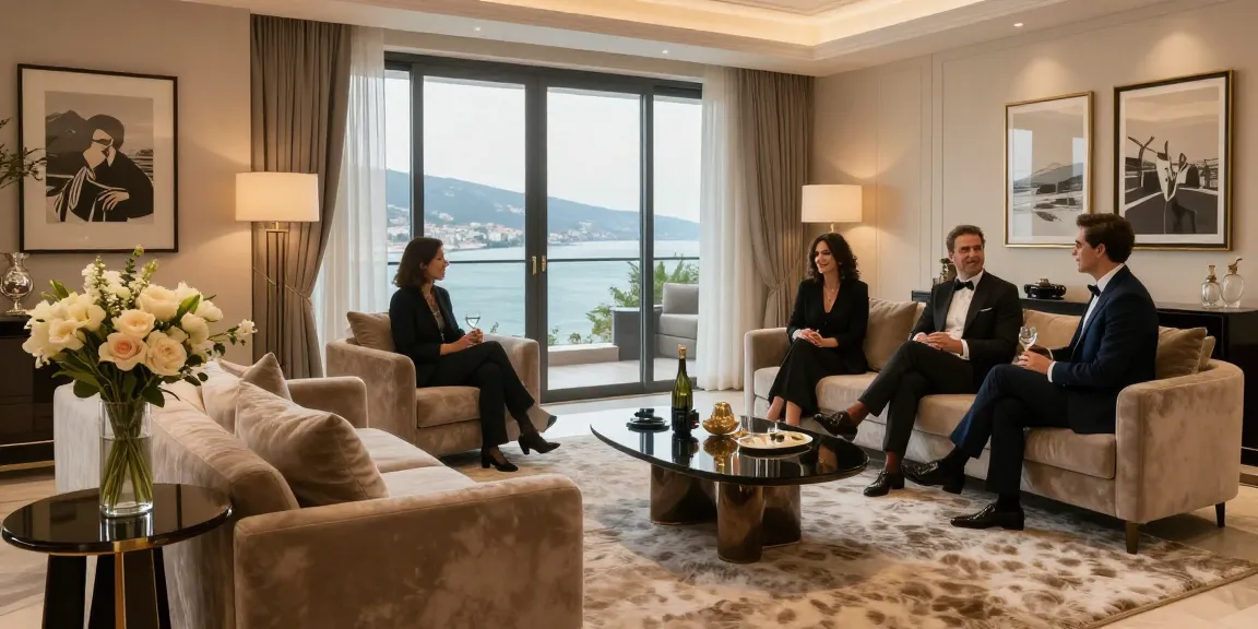 Elegant living room scene in Batumi showcasing a social gathering, demonstrating эскорт батуми lifestyle.