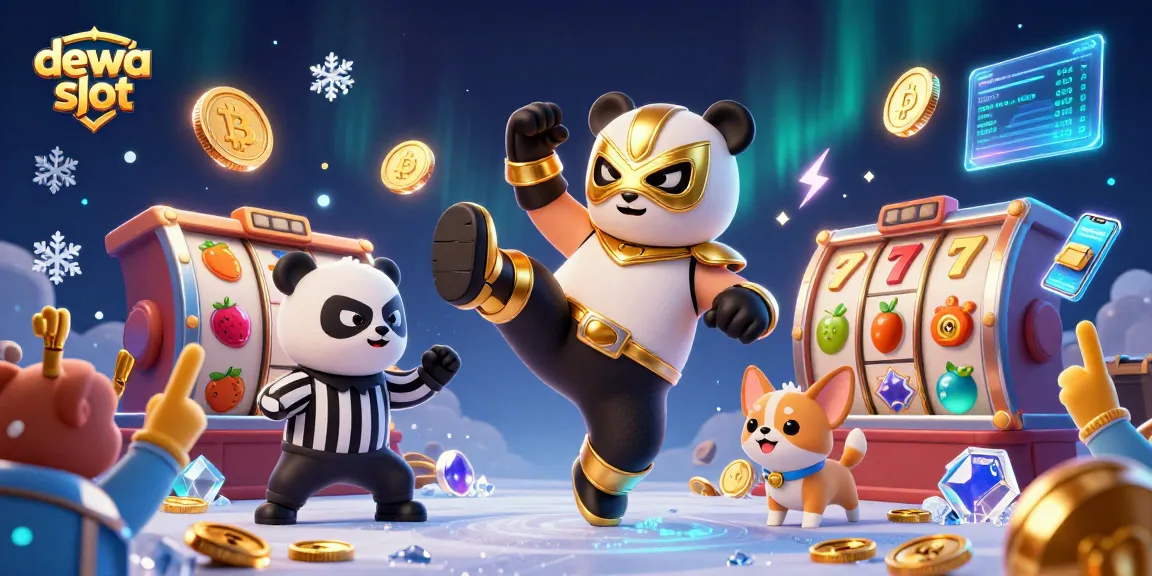 Menghadirkan dewa slot dengan panda pejuang melakukan tendangan terbang dalam kasino penuh hiasan dan simbol kemenangan.