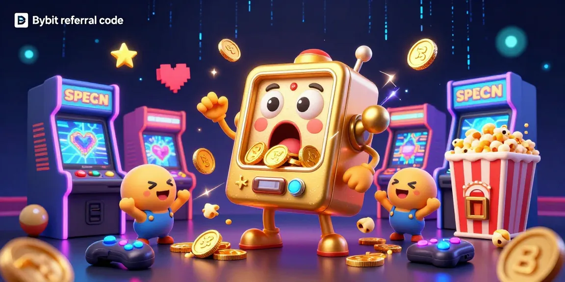 Unlock trading benefits with Bybit referral code in this vibrant casino scene of winning slot machines.