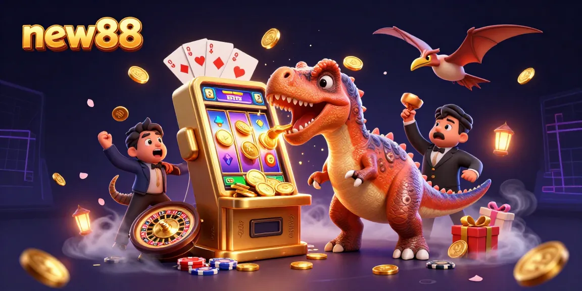 Experience the thrill of new88 with a pachycephalosaurus hitting the jackpot in a colorful casino!