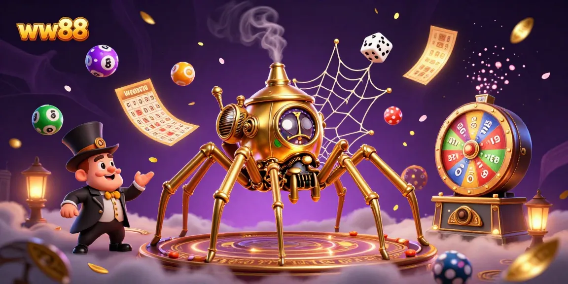 Win big with ww88 as the steampunk spider captures luck in this vibrant casino scene.