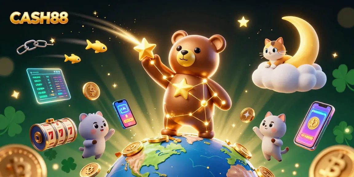 Engage with CASH88's vibrant online gaming world through golden stars and crypto elements in a dynamic scene.