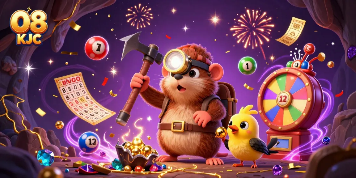 Engaging 3D scene of O8 KJC showcasing a treasure hunter mole and canary with lottery elements, bursting with energy.