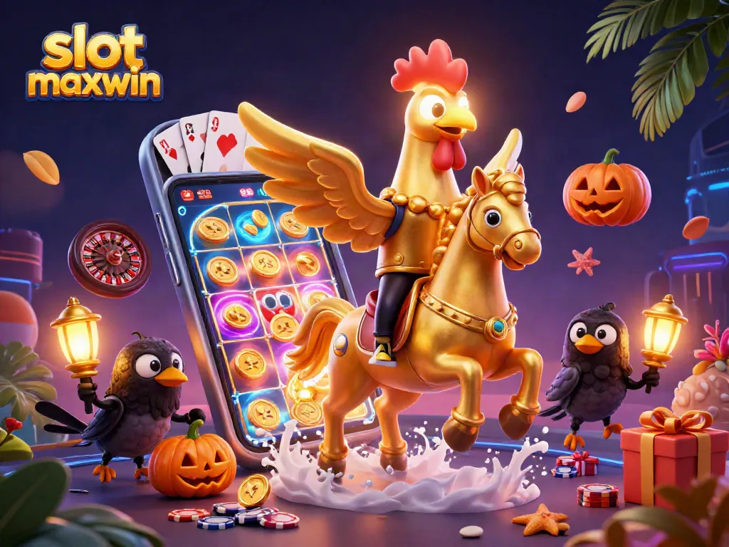 Experience slot maxwin excitement with a magical casino scene featuring a golden rooster and mystical elements all around.