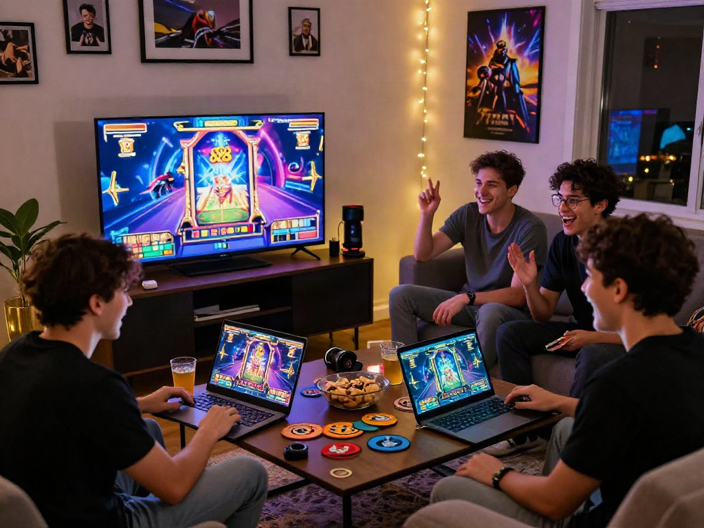Friends enjoying a lively game session featuring slot88 on multiple devices in a cozy living room.