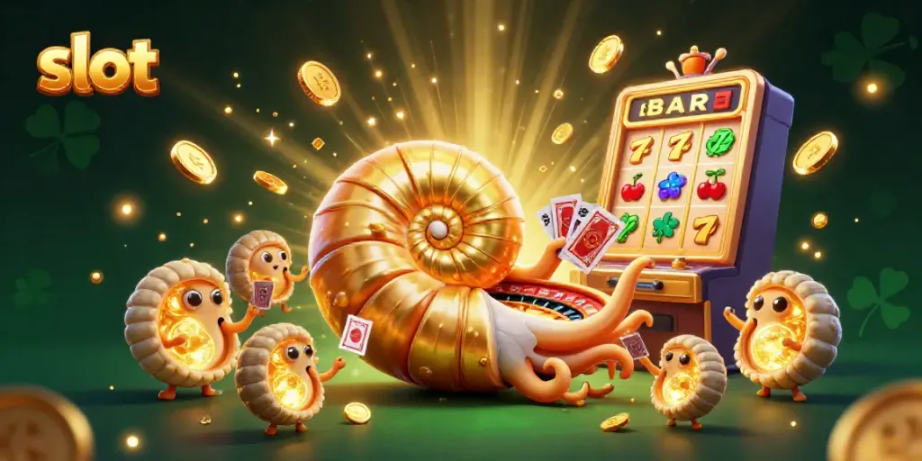 Experience thrilling slot gameplay with the dynamic nautilus and slot machine bursting with coins.