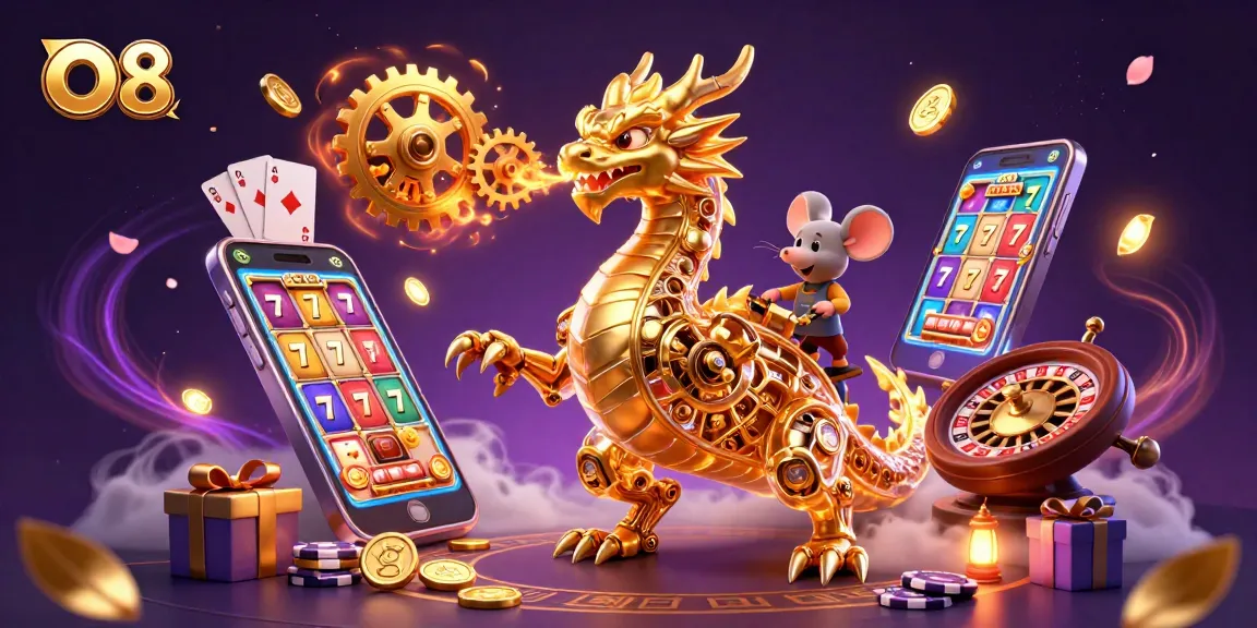 Engage with O8's slot games featuring vibrant graphics with spinning reels and golden coins.
