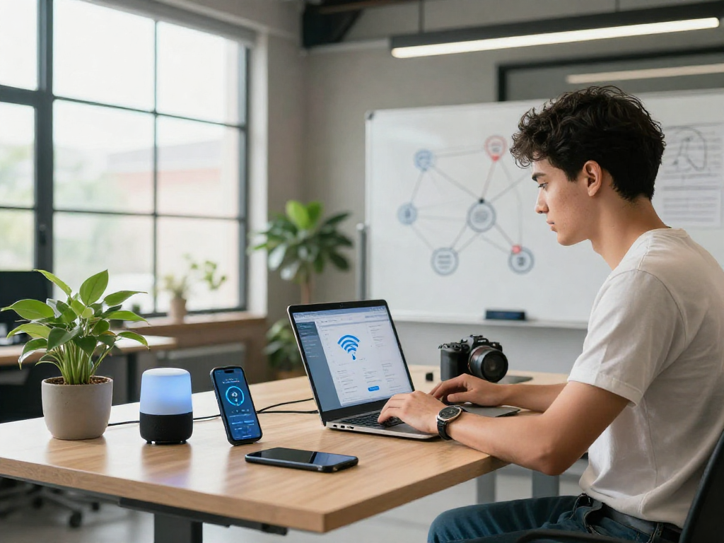 Workspace profesional dengan teknologi wifi4d, menampilkan perangkat pintar dan pengaturan jaringan.