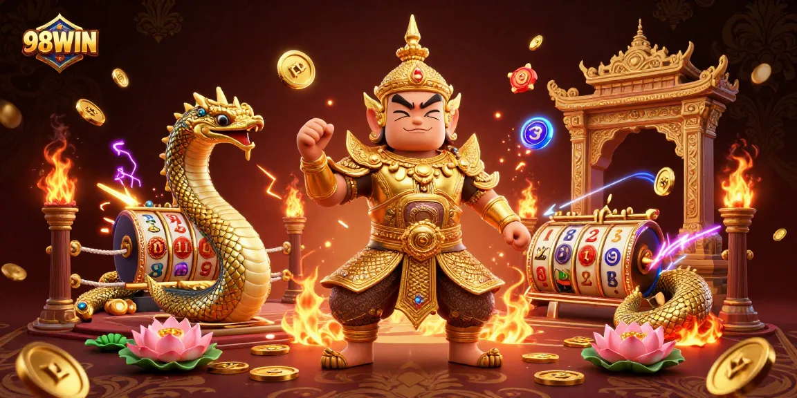 Experience thrilling gaming with 98WIN in an ultra-detailed 3D casino illustration filled with action.