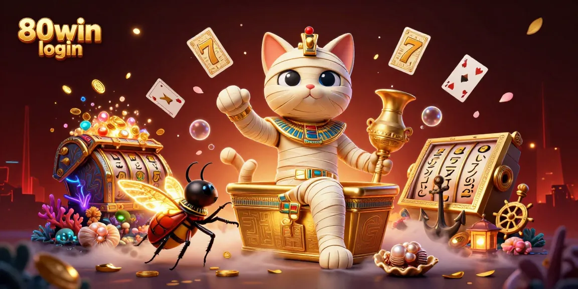 Engage in the thrill of gaming with 80win login featuring an Egyptian mummy cat and vibrant casino elements.