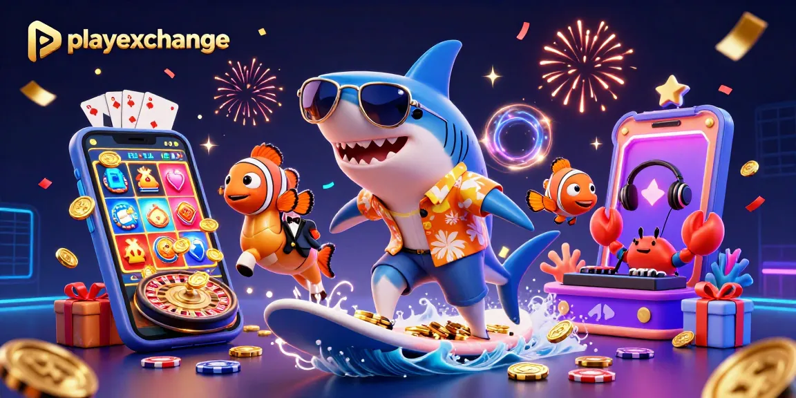 Engage with playexchange's fast online casino experience amidst a vibrant scene of animated characters.
