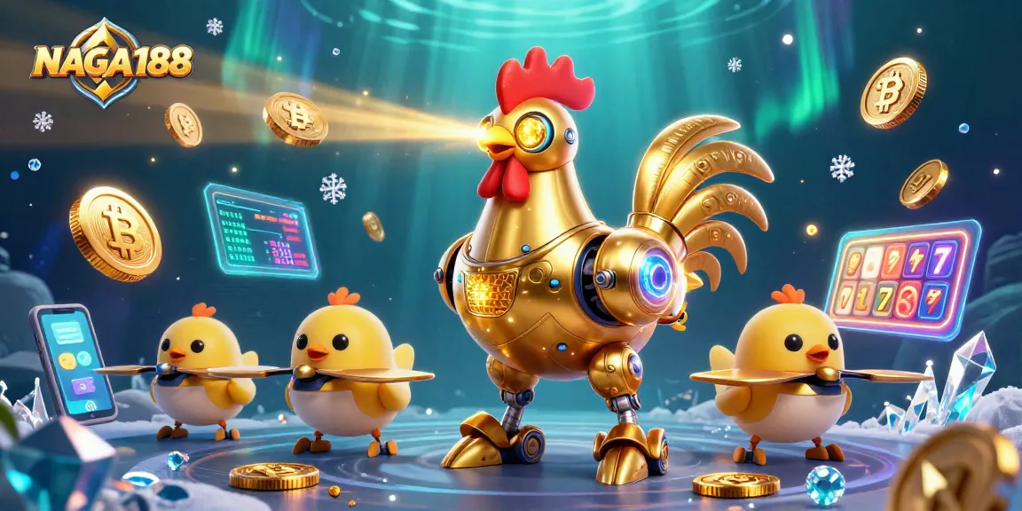 NAGA188 memberikan pengalaman bermain slot yang seru dengan robot ayam emas futuristik dan koin crypto berkilau.
