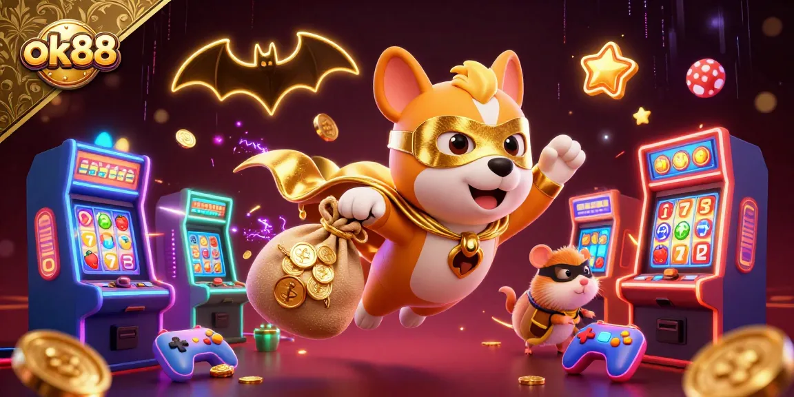 Experience the thrill of gaming with ok88, featuring a superhero dog flying with coins in a dynamic casino scene.
