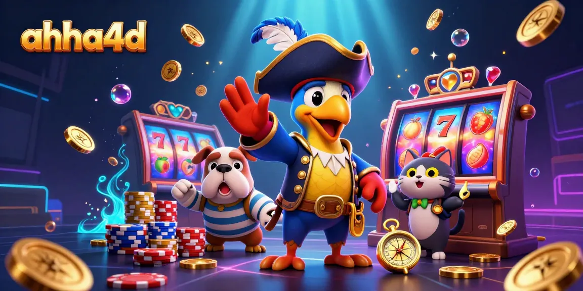 Mengaktifkan keberuntungan di AHHA4D dengan simbol slot menarik, tumpukan chip poker berwarna-warni, dan karakter berani.