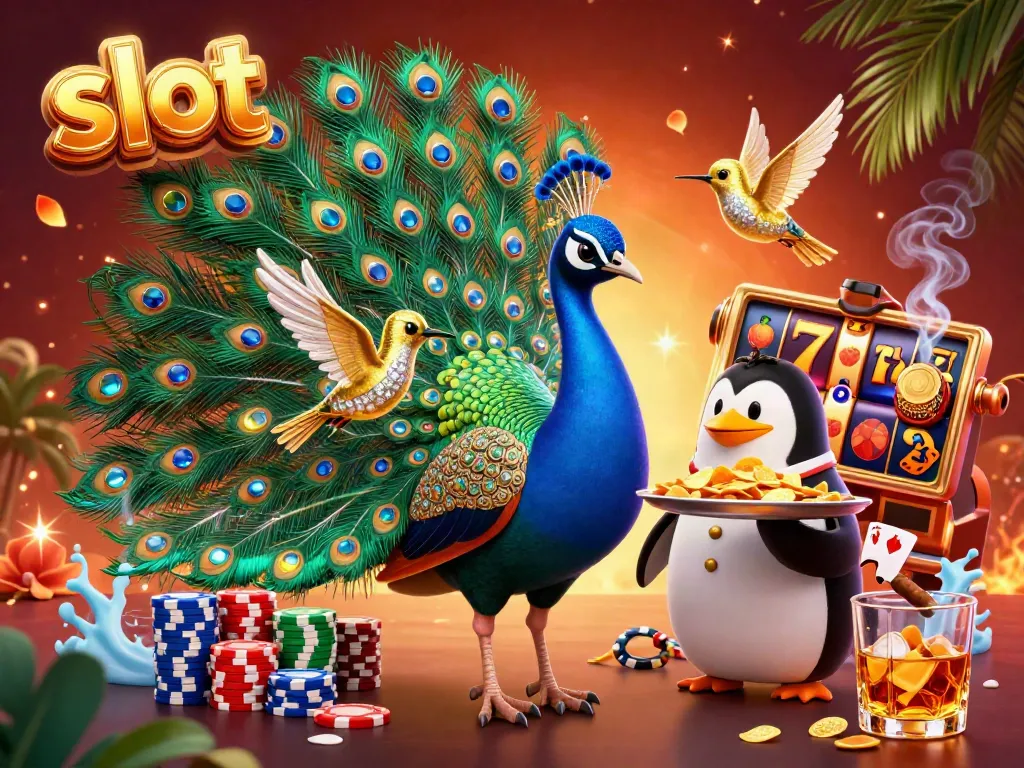 Engaging slot-themed illustration featuring a majestic peacock and a penguin butler amidst colorful slot symbols and casino elements.