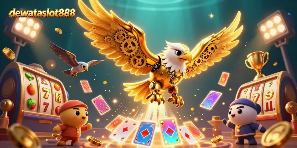 Permainan slot online dewataslot888 dengan burung elang emas dan kartu holografik terbang
