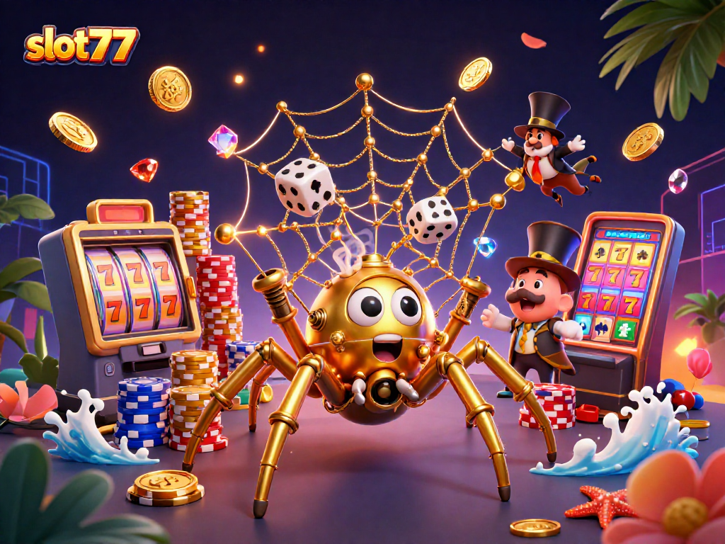 Spin the reels on slot777 with golden coins and sparkling gems in an exhilarating 3D casino illustration.