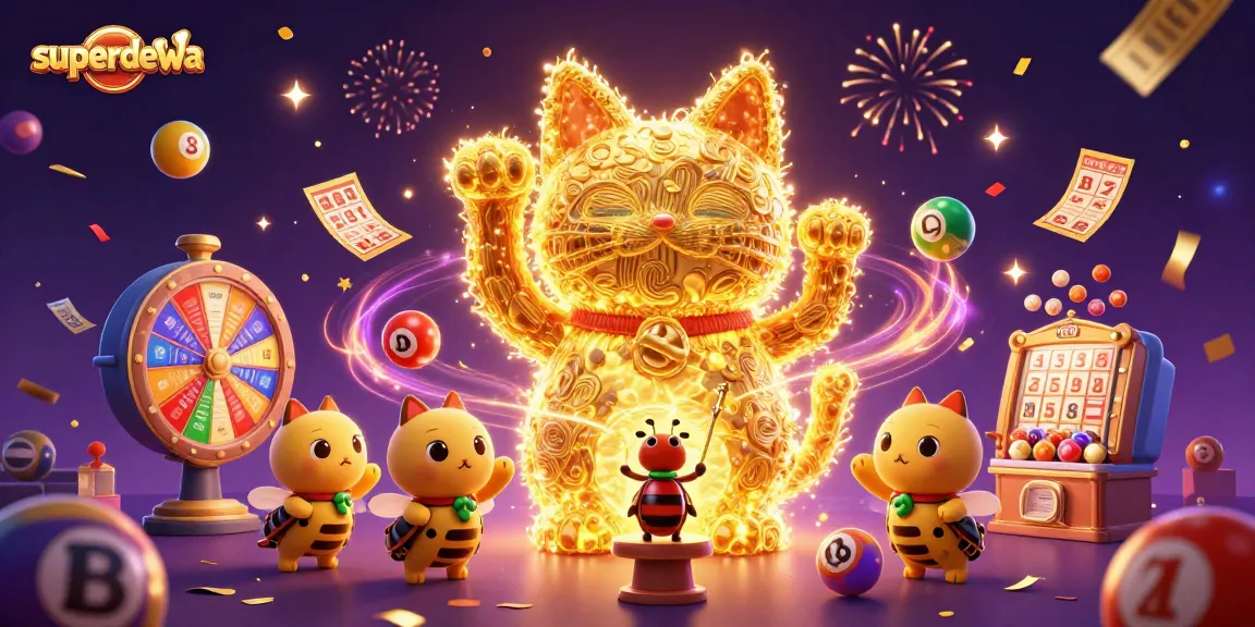 Slot menarik di SUPERDEWA dengan berbagai elemen permainan yang menonjol dan ceria.