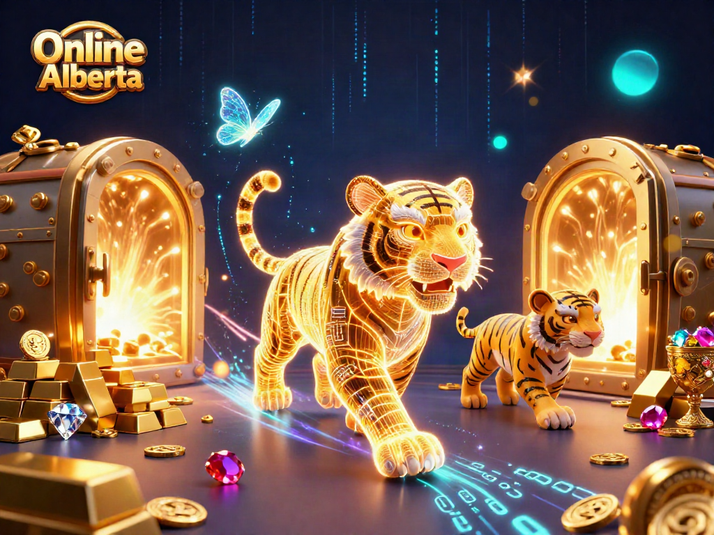 Experience the thrilling Online Casino Alberta scene with a glowing tiger, treasures, and jackpots!
