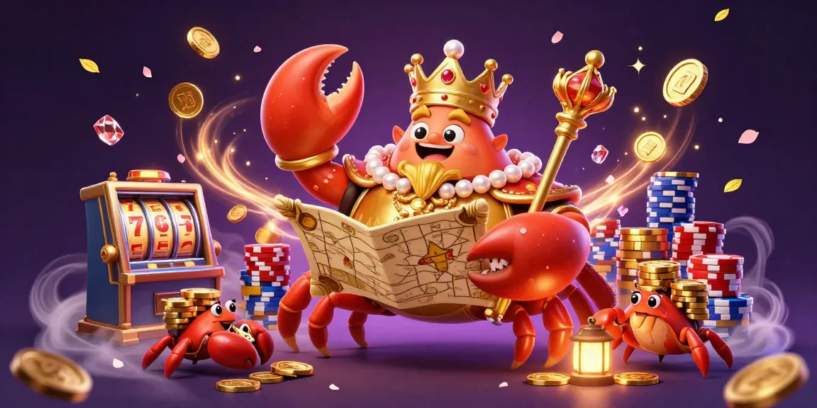 Permainan slot dengan karakter kran berwarna emas yang membawa peta harta dan chip emas, dalam suasana kasino.
