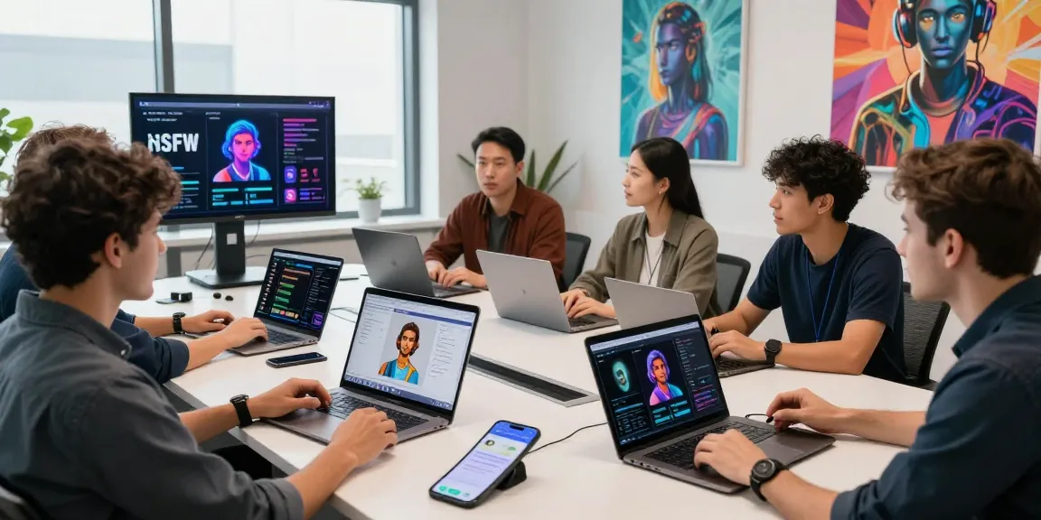 Interactive NSFW AI workspace showcasing diverse tech enthusiasts exploring AI-driven adult content solutions in 2026.