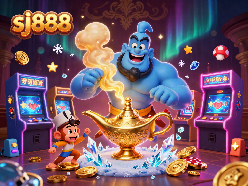 Spin the reels with sj888 in this vibrant 3D casino scene featuring a genie and poker chips.