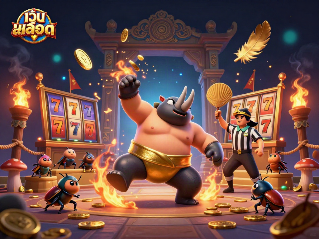 Experience the excitement of เว็บสล็อต with animated sumo beetles and vibrant slot symbols in a dynamic arena.