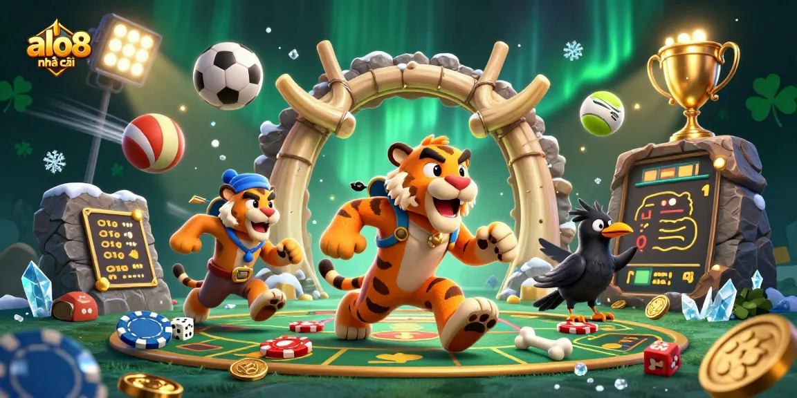 A dynamic casino scene showing alo8 nhà cái with cartoon cavemen and sabertooth tigers engaging in exciting gambling activities.