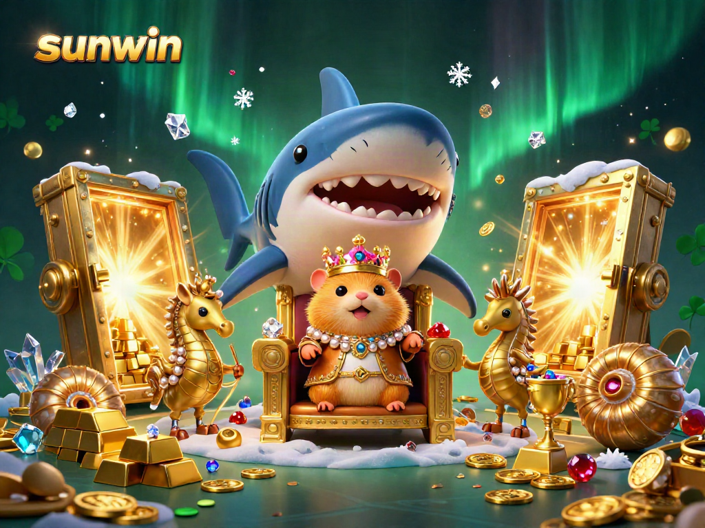 Experience sunwin's thrilling gaming atmosphere with a golden hamster king and treasure-filled scene.