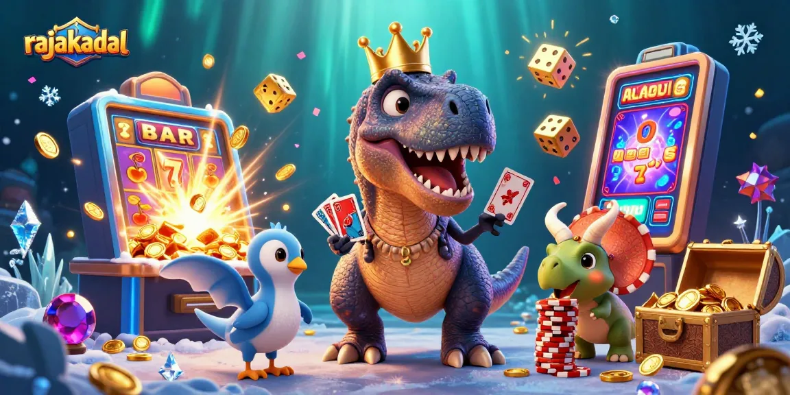 Mainkan permainan slot dengan rajakadal bersama dinosaurus lucu dan chip emas bertumpuk.